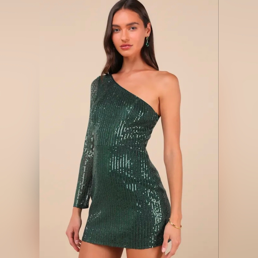 ❤️ NWT! LULU'S ALL TIME SHINE EMERALD ONE SHOULDER SEQUIN MINI DRESS, SMALL